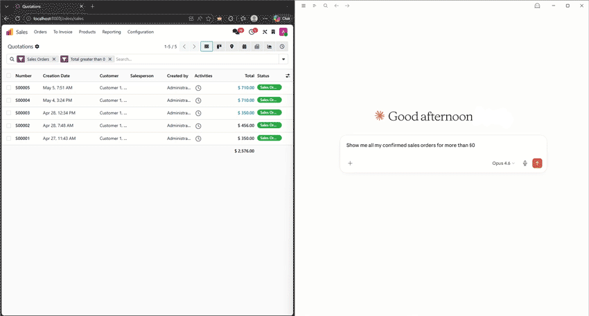 Alpenglow MCP Connector demo — AI assistant querying Odoo data