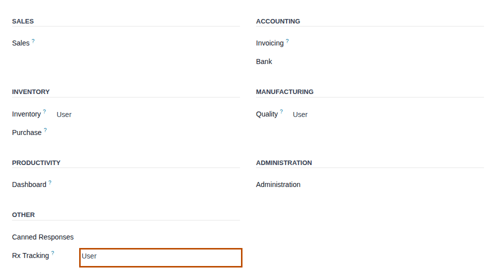 Screenshot of the Access Rights tab of Sam Rivera: Rx Tracking is User, which brings Inventory User and Quality User.