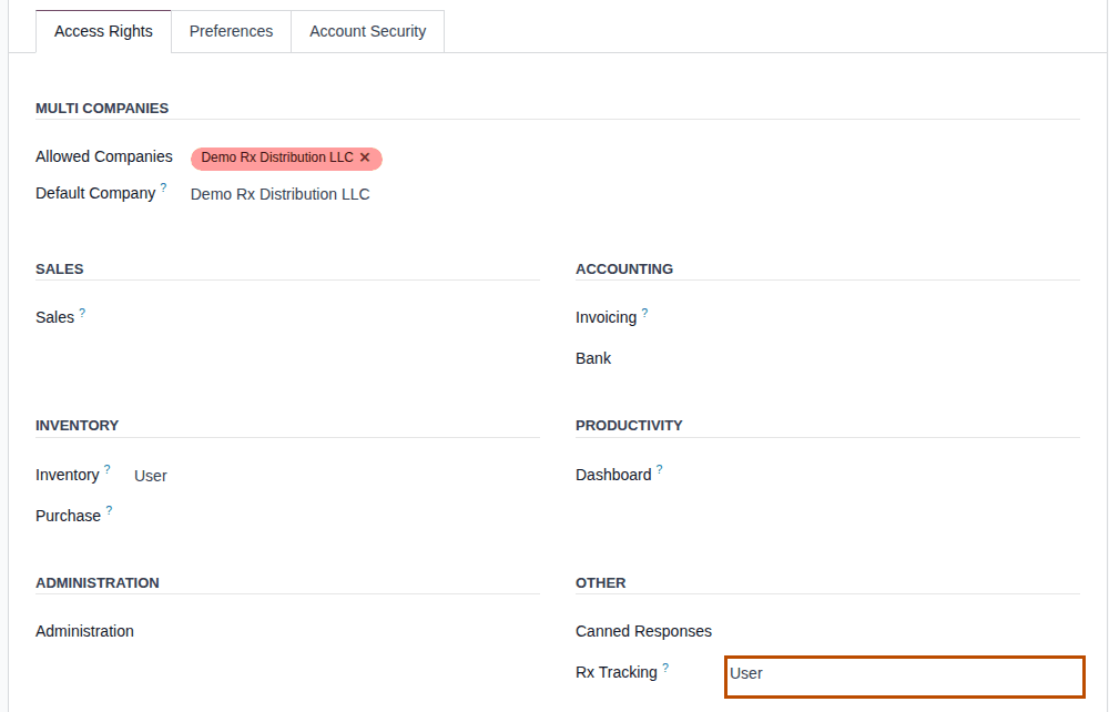 Screenshot of the Access Rights tab of the user Sam Rivera. The Rx Tracking field, set to User, is outlined.