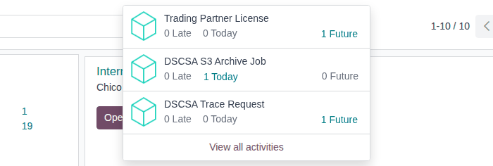 Screenshot of the Activities menu with Trading Partner License, DSCSA S3 Archive Job and DSCSA Trace Request, each with late, today and future counts.