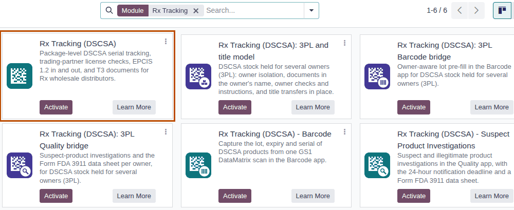 Screenshot of Apps searched for Rx Tracking without the Apps filter: six module cards. The Rx Tracking (DSCSA) card is outlined.