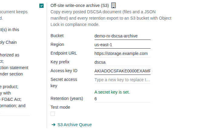 Screenshot of the Off-site write-once archive (S3) settings with a bucket, region, endpoint, key prefix, access key ID and "A secret key is set."
