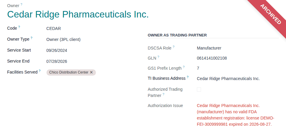 Screenshot of the archived owner profile of Cedar Ridge Pharmaceuticals: the Archived ribbon, the Service Start and Service End dates.