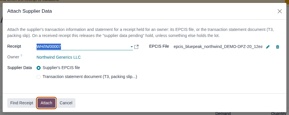 Screenshot of the Attach Supplier Data window for WH/IN/00007 with the Northwind sample file chosen; the Attach button is outlined.