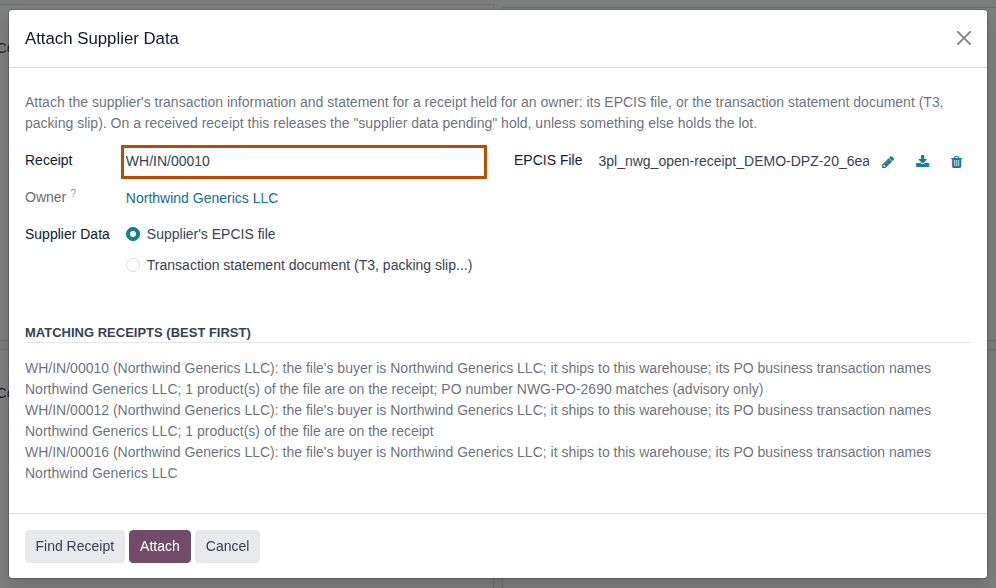 Screenshot of the Attach Supplier Data window after Find Receipt: the proposed Northwind receipt and the matching receipts with reasons.