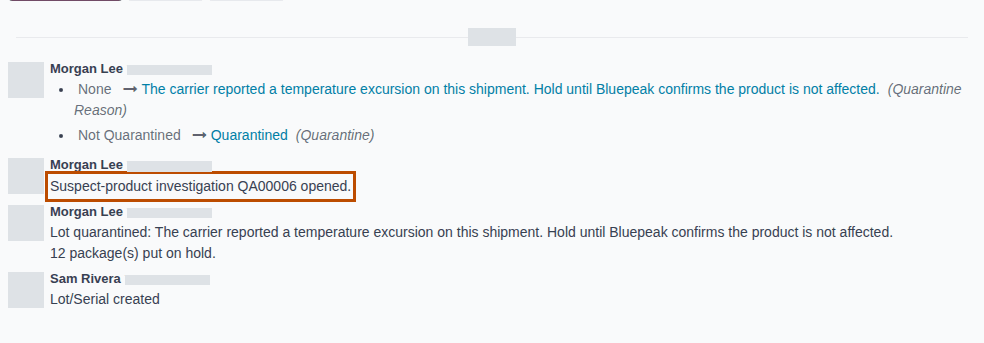 Screenshot of the chatter of lot BPFMY2509D. The message Suspect-product investigation QA00006 opened is outlined.