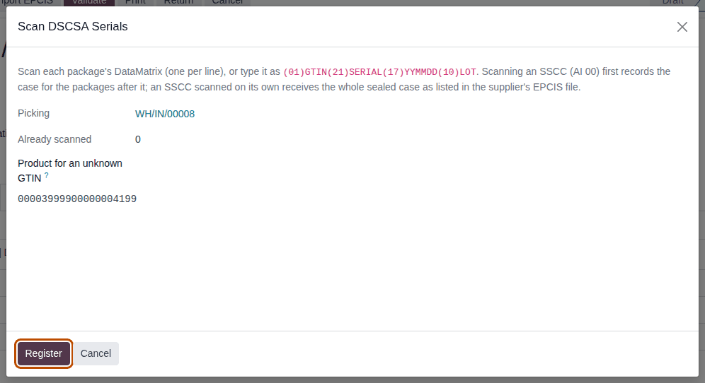 Screenshot of the Scan DSCSA Serials dialog with one case label line, 00003999900000004199, typed in the scan box.