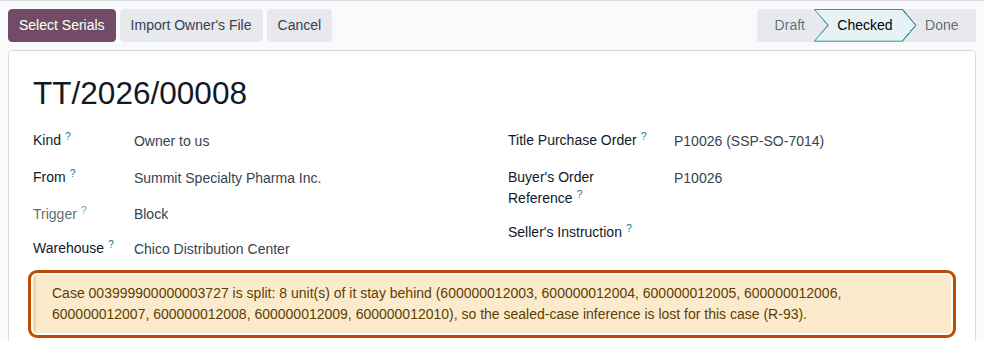 Screenshot of the Checked title transfer TT/2026/00008 from Summit with the yellow split-case warning outlined.