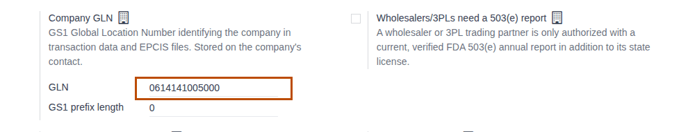 Screenshot of the DSCSA (Rx Tracking) settings block with the company GLN 0614141005000; the GLN field is outlined.