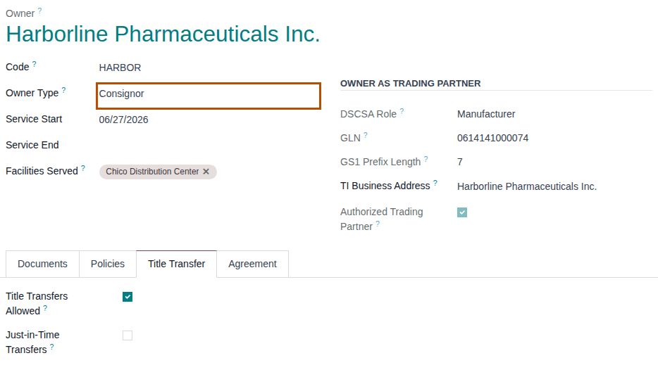 Screenshot of Harborline Pharmaceuticals' owner profile with Owner Type Consignor outlined and Title Transfers Allowed selected.