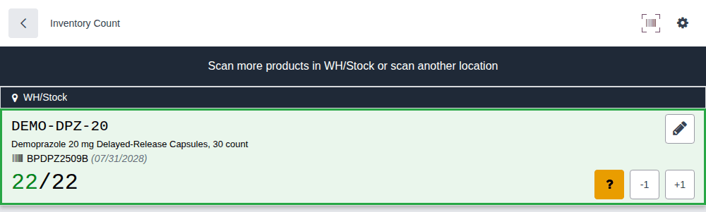 Screenshot of an Inventory count line for Demoprazole lot BPDPZ2509B in WH/Stock after one scan, counted 22 of 22.