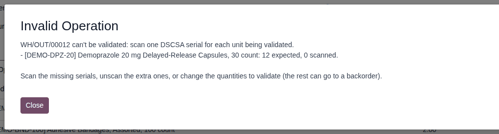 Screenshot of the Invalid Operation dialog: WH/OUT/00012 can't be validated, 12 expected, 0 scanned.