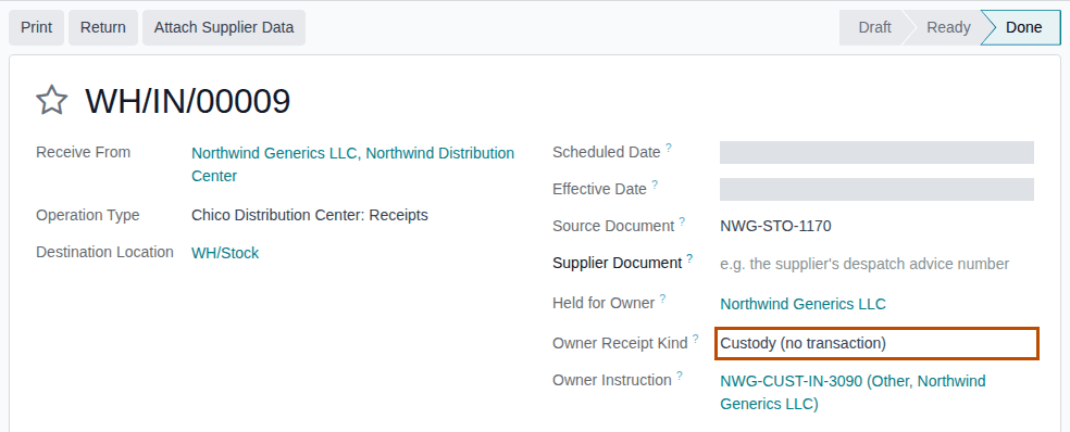 Screenshot of a custody receipt held for Northwind Generics LLC, with its Owner Instruction. Owner Receipt Kind is outlined.