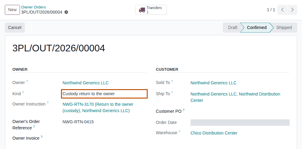 Screenshot of a confirmed custody return order of Northwind to its Distribution Center. The Kind field is outlined.