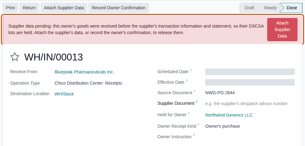 Screenshot of a done Northwind receipt under the red Supplier data pending banner, with Attach Supplier Data and Record Owner Confirmation.