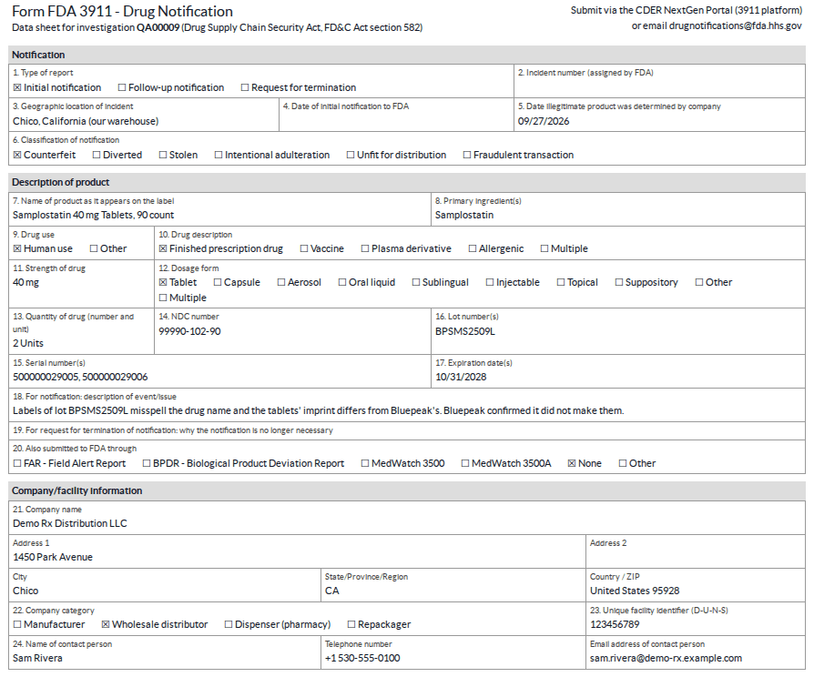 Screenshot of the Form FDA 3911 data sheet of QA00009: the notification, product and company items, with Counterfeit ticked.