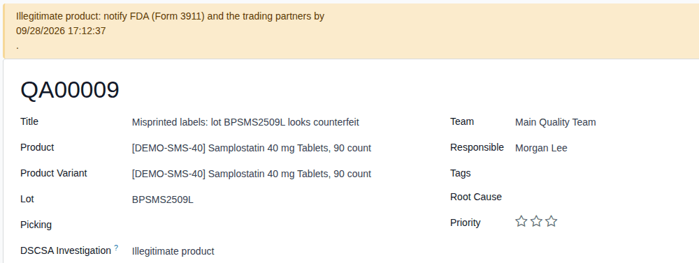 Screenshot of investigation QA00009 with the yellow banner that gives the notification deadline, above the title.
