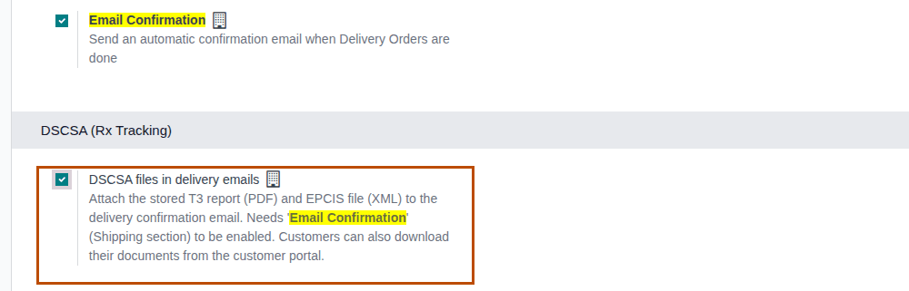 Screenshot of the Email Confirmation and DSCSA files in delivery emails settings, both selected. The DSCSA option is outlined.