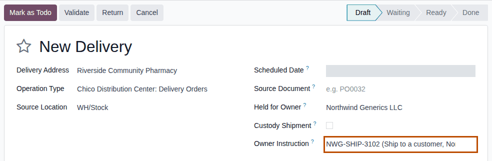 Screenshot of a new delivery held for Northwind Generics LLC, with its Owner Instruction outlined.