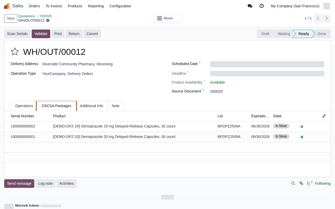 Screenshot of delivery WH/OUT/00012 to Riverside with two scanned bottles on the DSCSA Packages tab, which is outlined.