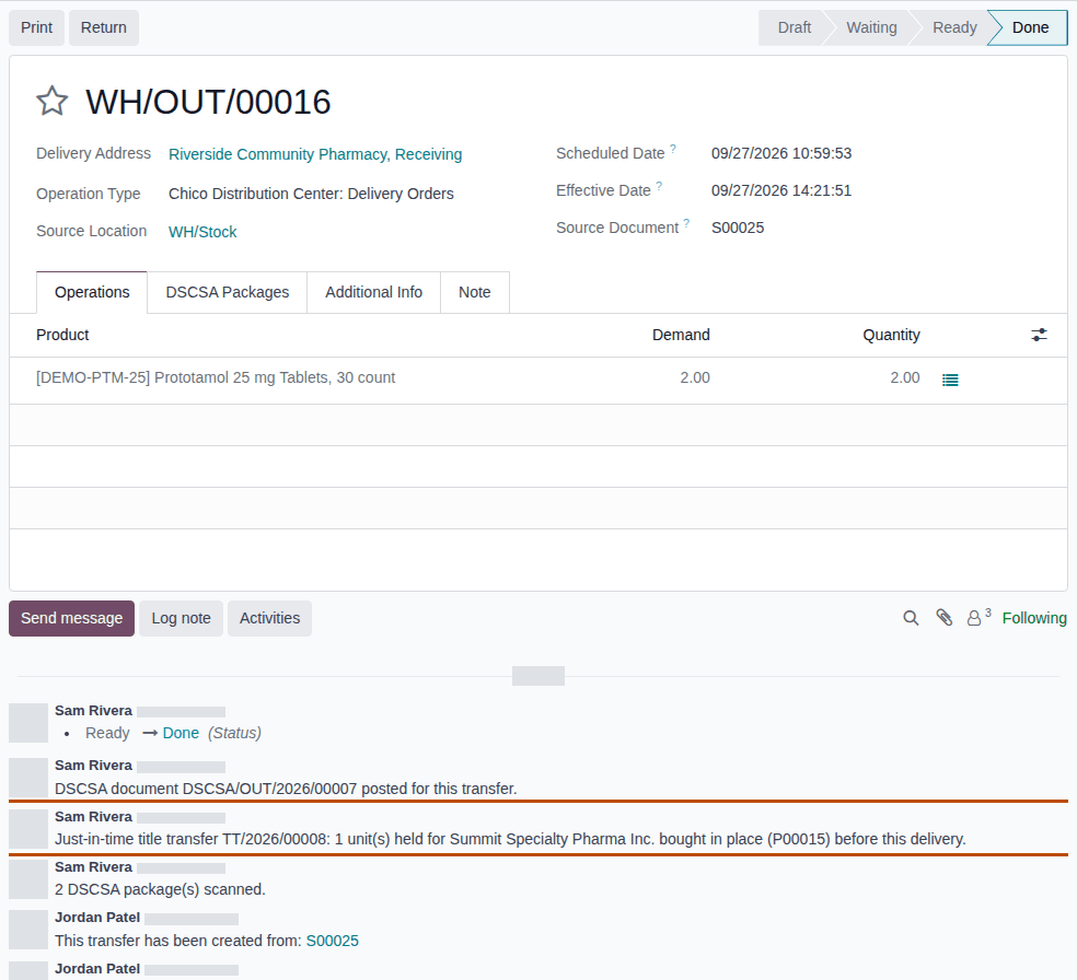Screenshot of the done delivery WH/OUT/00016 and its chatter, with the just-in-time title transfer message outlined.