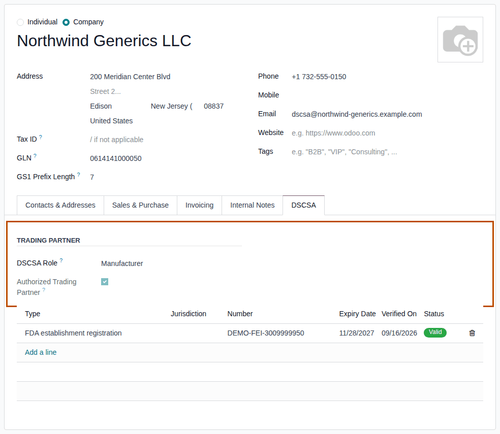 Screenshot of the demo owner Northwind Generics LLC with its GLN; the DSCSA tab's role and authorization are outlined.