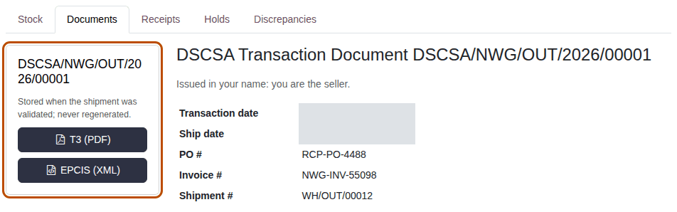 Screenshot of a document shipped for you: the T3 (PDF) and EPCIS (XML) buttons, outlined, next to the line saying you are the seller.
