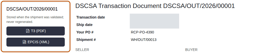 Screenshot of a DSCSA document in the portal: the T3 (PDF) and EPCIS (XML) buttons next to the transaction information.