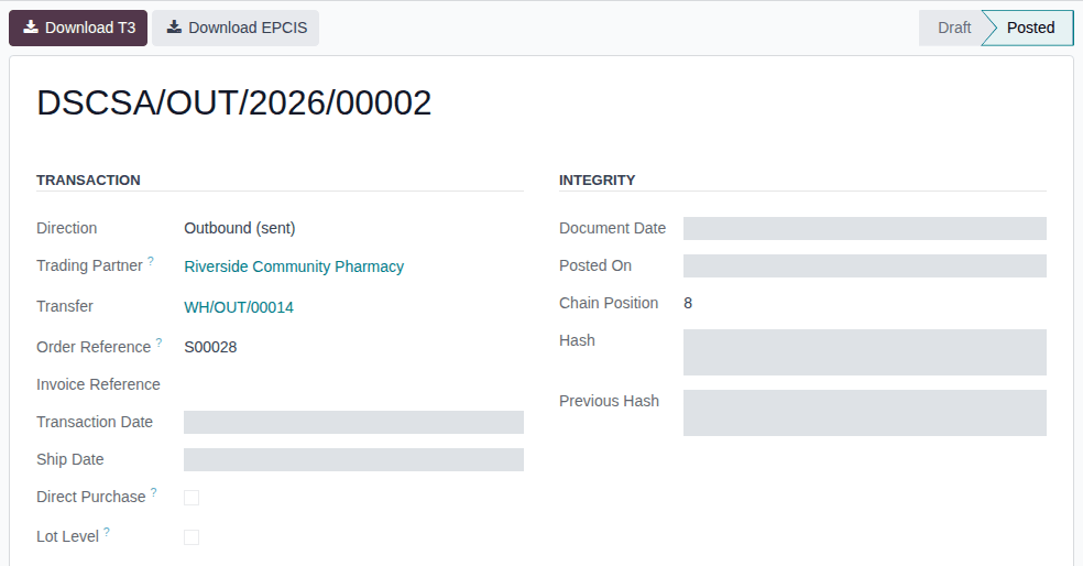 Screenshot of a posted outbound DSCSA document: the Transaction and Integrity groups, and Download T3 and Download EPCIS.