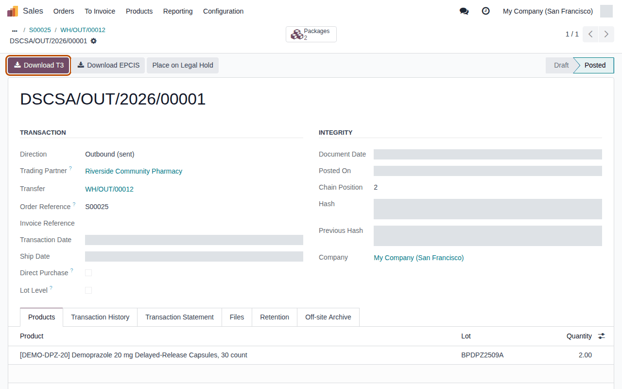 Screenshot of the posted outbound DSCSA document DSCSA/OUT/2026/00001 for Riverside; the Download T3 button is outlined.