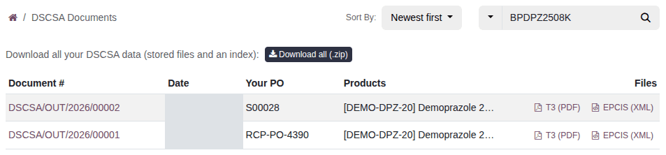 Screenshot of the DSCSA Documents list searched by lot BPDPZ2508K: two documents, each with T3 (PDF) and EPCIS (XML) links.