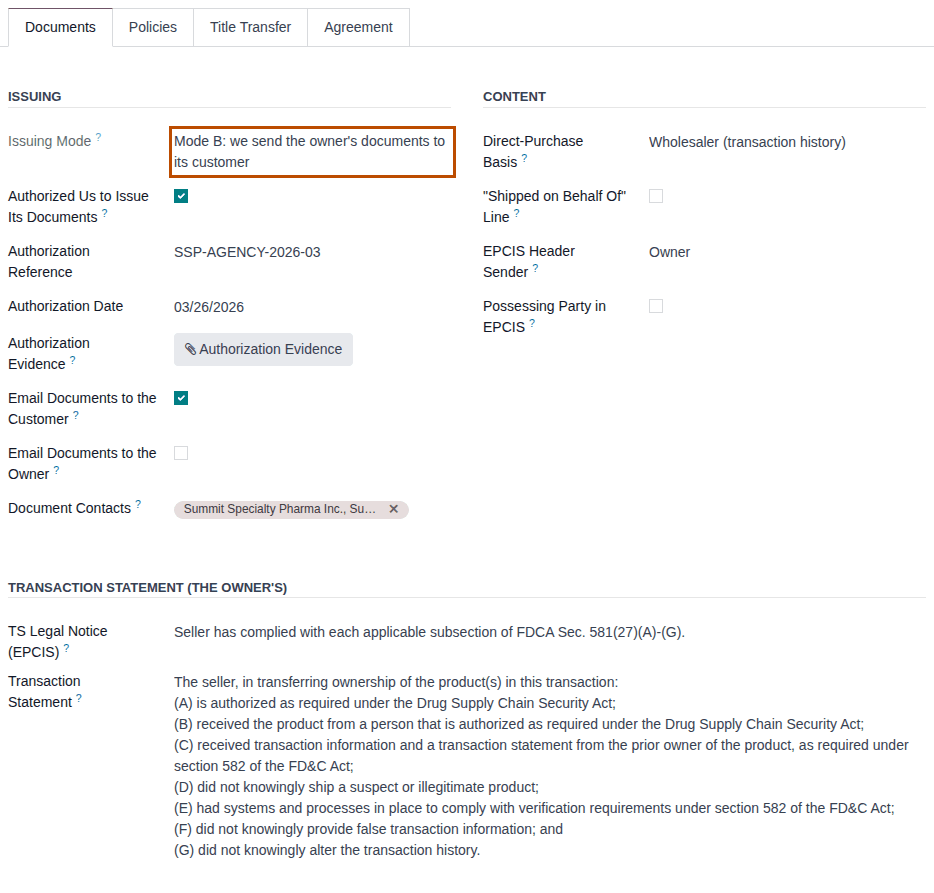 Screenshot of the Documents tab of Summit Specialty Pharma's profile with its authorization. The Issuing Mode, mode B, is outlined.