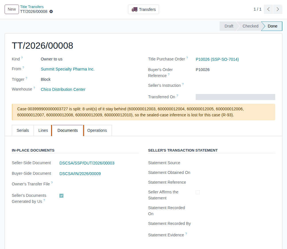 Screenshot of the done title transfer TT/2026/00008 with its Documents tab outlined: the seller-side and buyer-side documents.