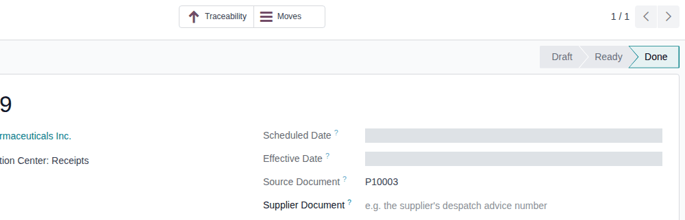 Screenshot of the done receipt of P10003, received without a supplier file: only the Traceability and Moves smart buttons.