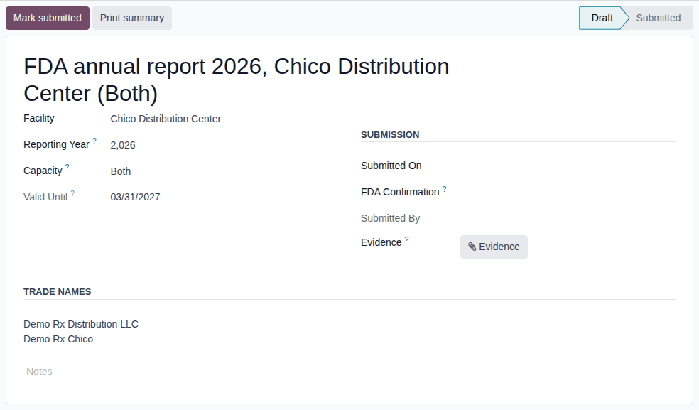 Screenshot of a draft FDA annual report for the Chico Distribution Center, capacity Both, with its trade names and an empty Submission group.