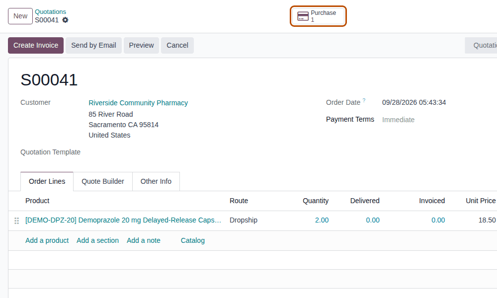 Screenshot of a confirmed sales order whose Demoprazole line has the Dropship route. The Purchase smart button is outlined.
