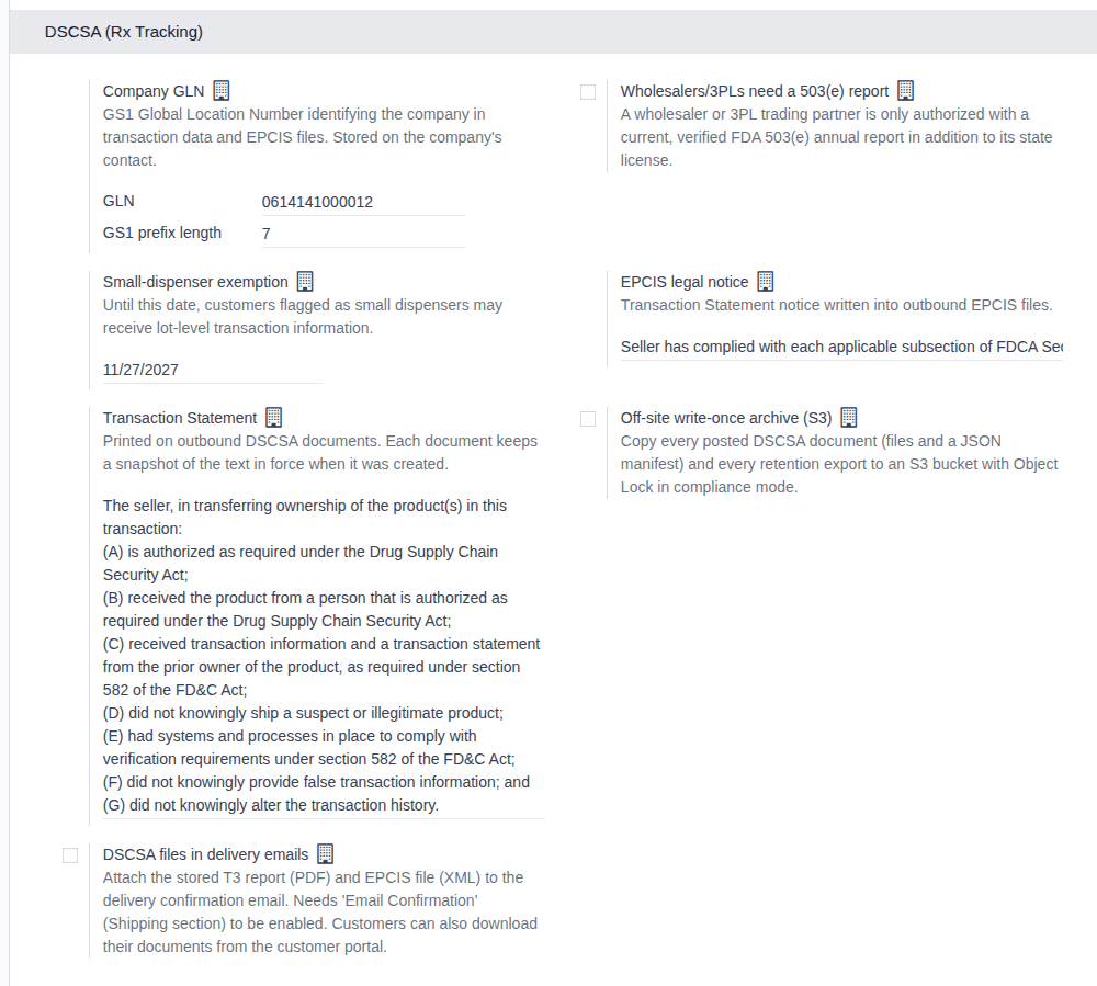 Screenshot of the whole DSCSA (Rx Tracking) settings block with its default values and the Demo Rx Distribution LLC GLN.