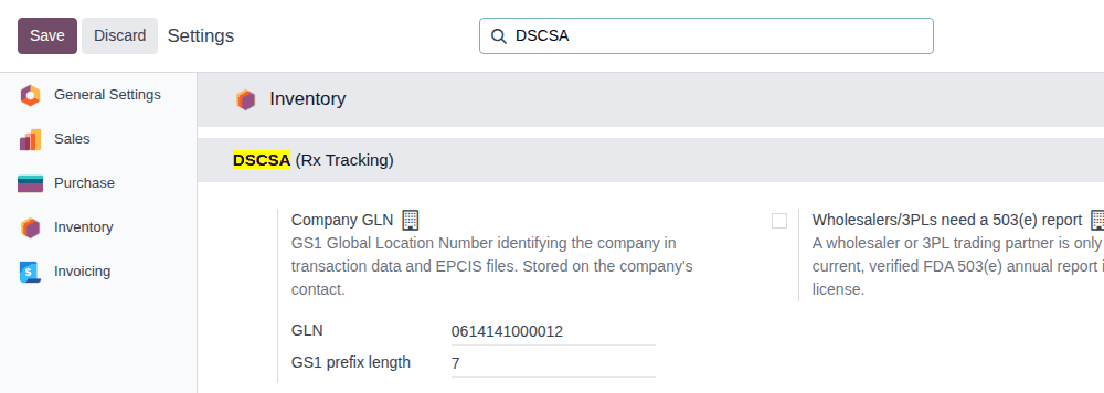 Screenshot of the Inventory settings filtered on DSCSA, showing the top of the DSCSA (Rx Tracking) block.