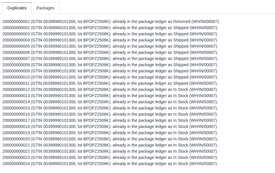Screenshot of the Duplicates tab of a supplier file: each serial already in the package ledger, with its lot, state and receipt.