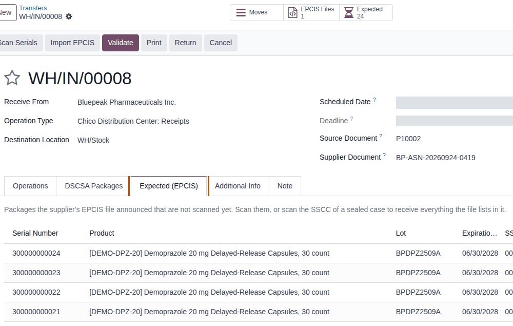 Screenshot of the receipt after the import: the EPCIS Files and Expected smart buttons and the Expected (EPCIS) tab listing serials.