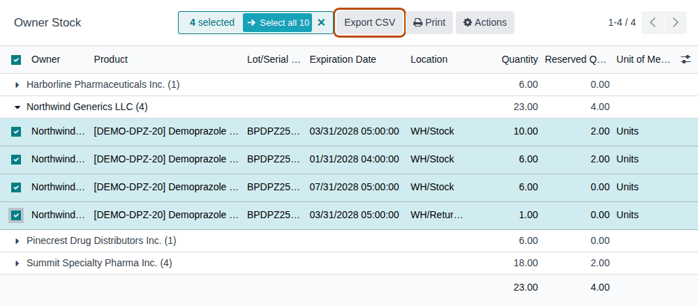 Screenshot of Owner Stock with Northwind's four lines selected; the Export CSV button next to "4 selected" is outlined.