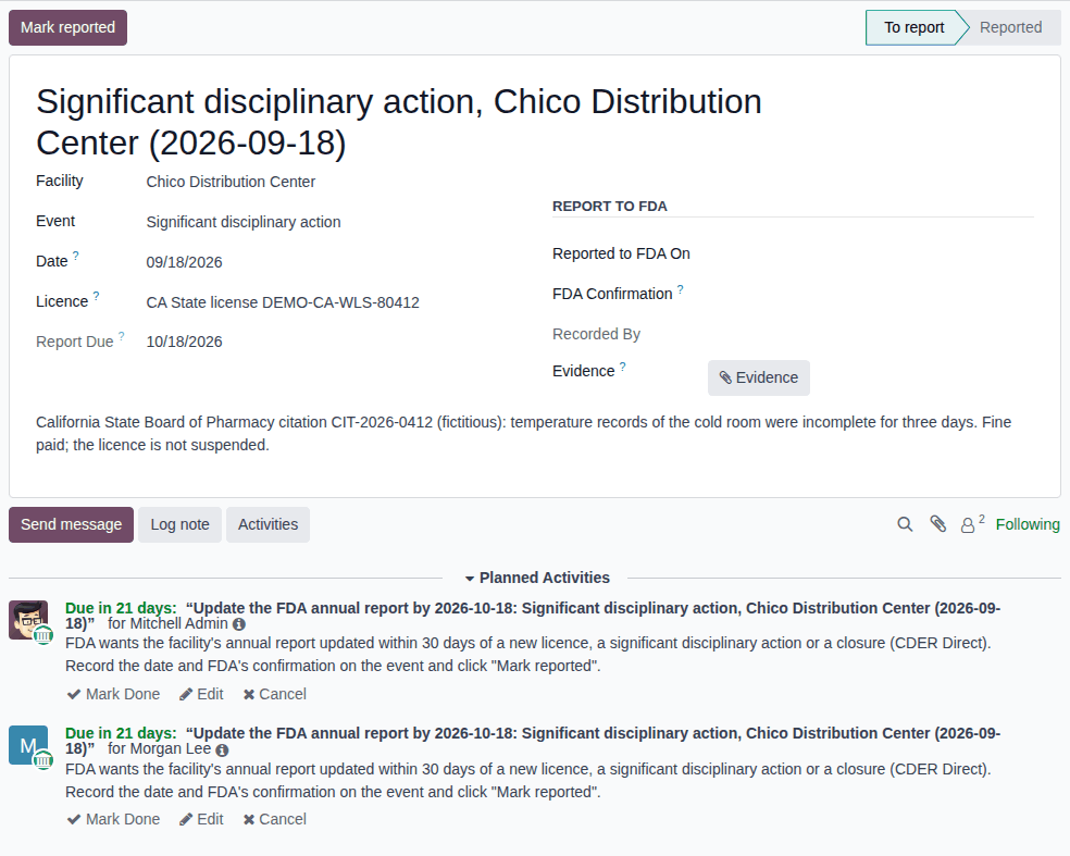 Screenshot of a significant disciplinary action at the Chico Distribution Center, To report, with its two Report to FDA within 30 days activities.