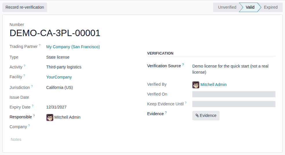 Screenshot of the facility license DEMO-CA-3PL-00001 for the demo warehouse, Third-party logistics, marked verified; the Valid status is outlined.