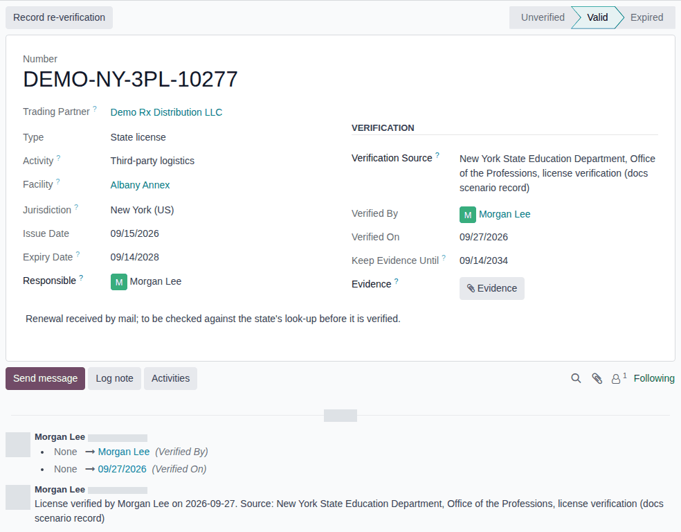 Screenshot of the Albany Annex's 3PL license after Mark verified: status Valid, Activity and Facility read-only, the verification line in the chatter.