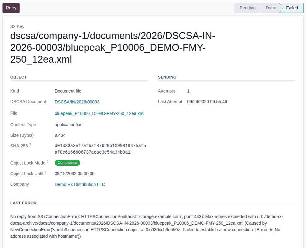 Screenshot of a failed S3 archive job: the Retry button, the Failed status, attempts 1 and the Last Error "No reply from S3 (ConnectionError)".