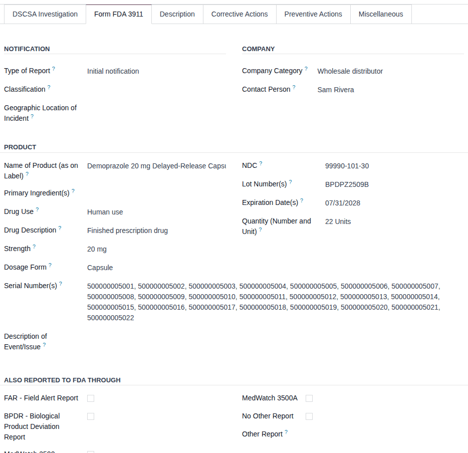 Screenshot of the Form FDA 3911 tab of the saved investigation, prefilled from Demoprazole lot BPDPZ2509B.