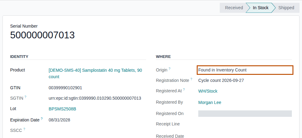 Screenshot of package 500000007013, Samplostatin lot BPSMS2508B: Origin Found in Inventory Count (outlined), note Cycle count 2026-09-27.