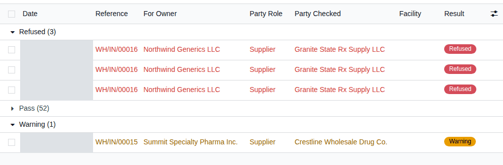 Screenshot of the gate log grouped by Result, with the refused rows of the Granite State receipt and Summit's warning row.