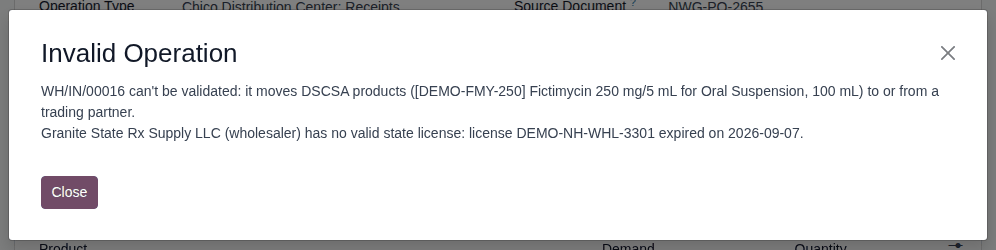 Screenshot of the Invalid Operation dialog refusing an owner receipt because the supplier's state license has expired.