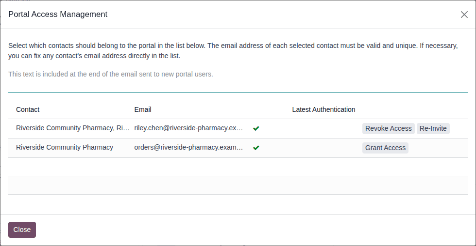 Screenshot of the Portal Access Management dialog for Riverside Community Pharmacy, listing the company and its contact Riley Chen.